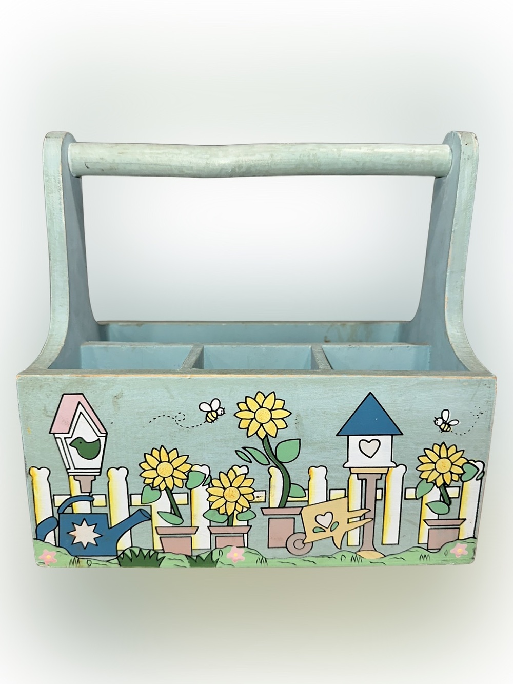 Vintage Wooden Caddy Carry All Garden Tools Utensil Holder Painted Bird Houses